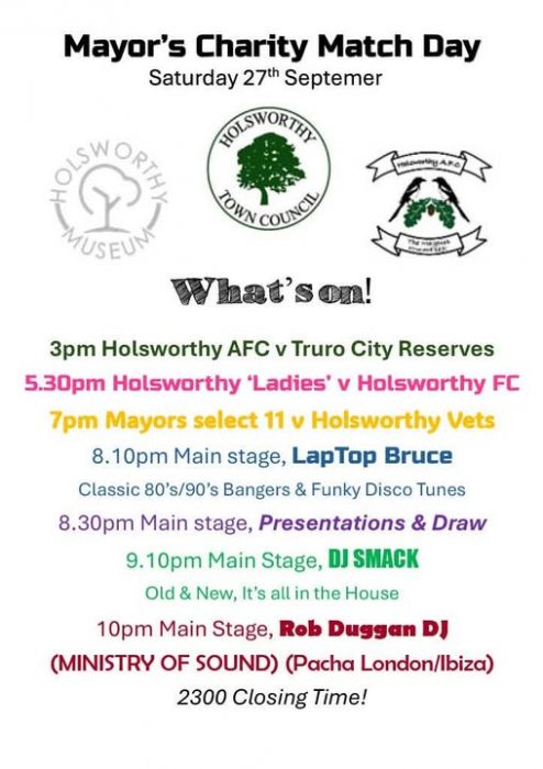 Poster of What's on at Holsworthy Mayor's Charity football Match day - 27th September 2025