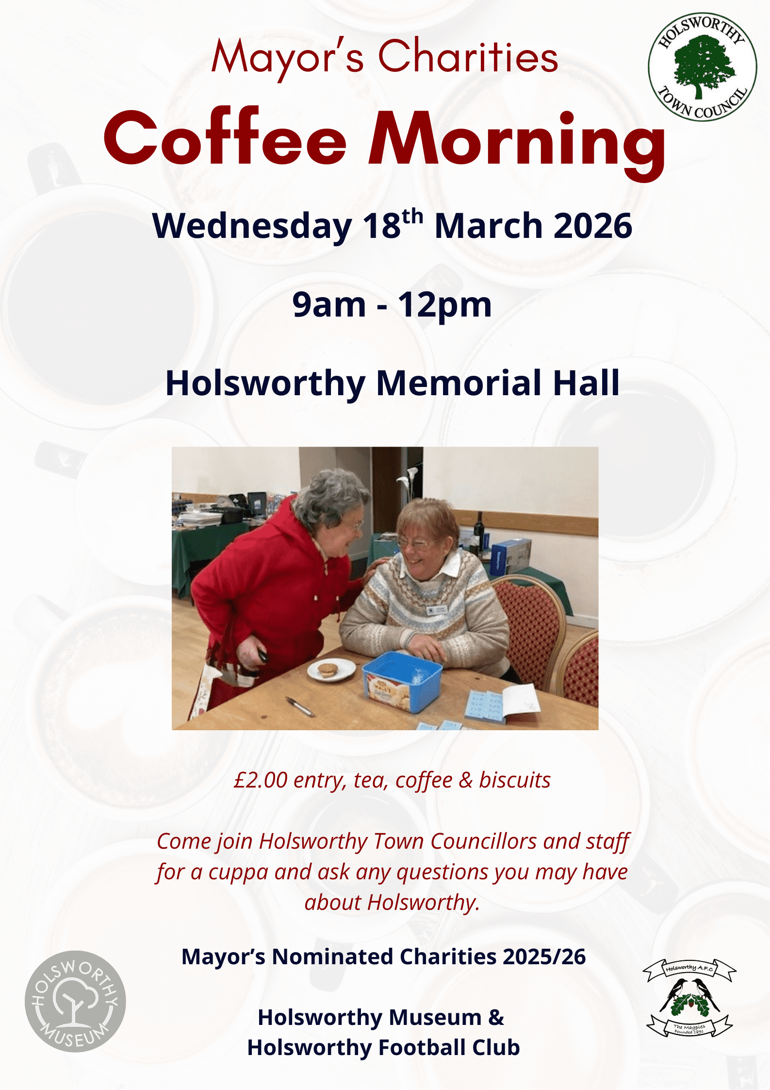 Poster of the Mayor's Coffee morning taking place on Wednesday 18th March 2026.
