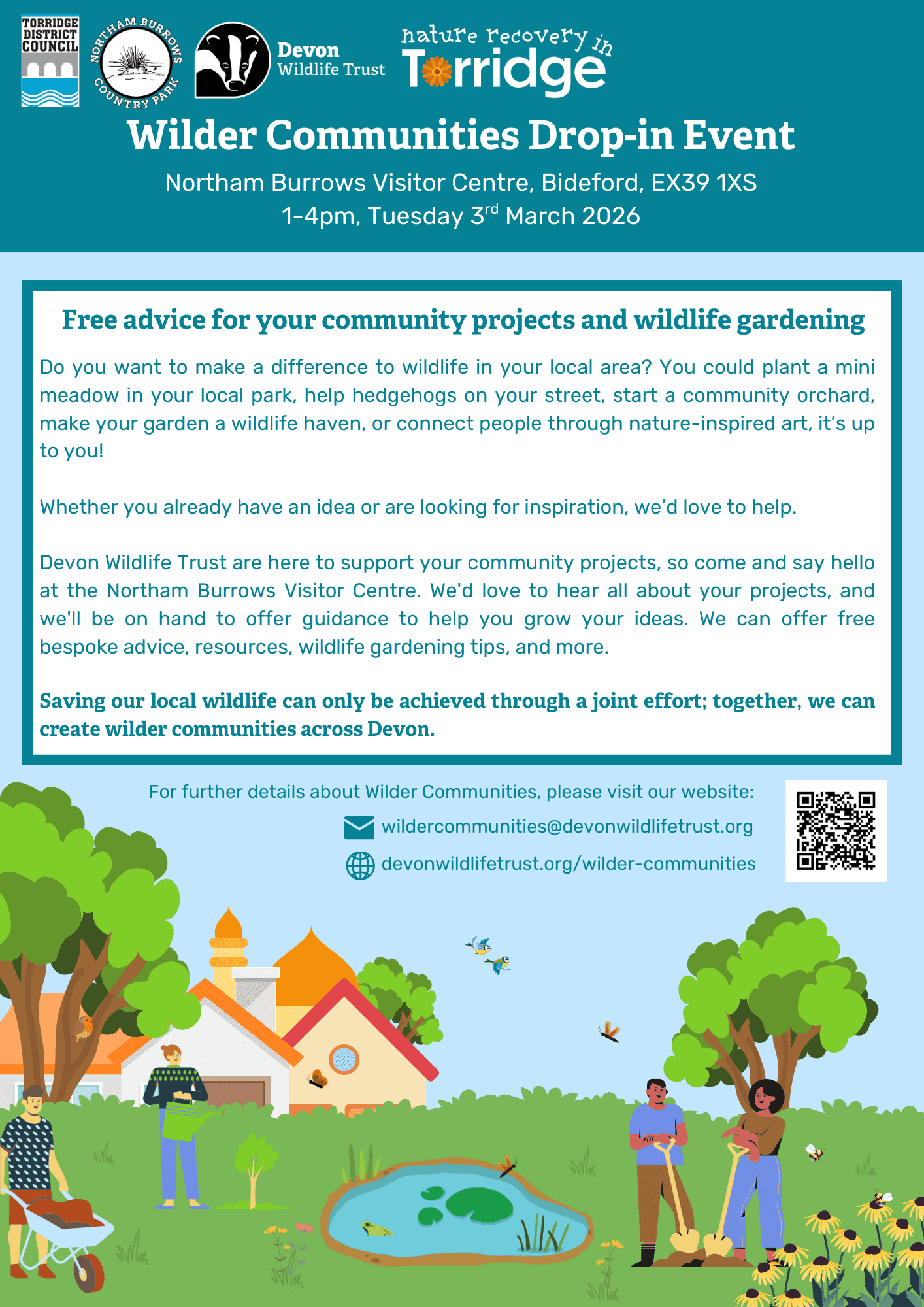 Poster for Wilder Communities Drop-in Event at Northam Burrows Visitor Centre, Bideford, EX39 1XS on Tuesday 3rd March 2026 from 1pm-4pm.